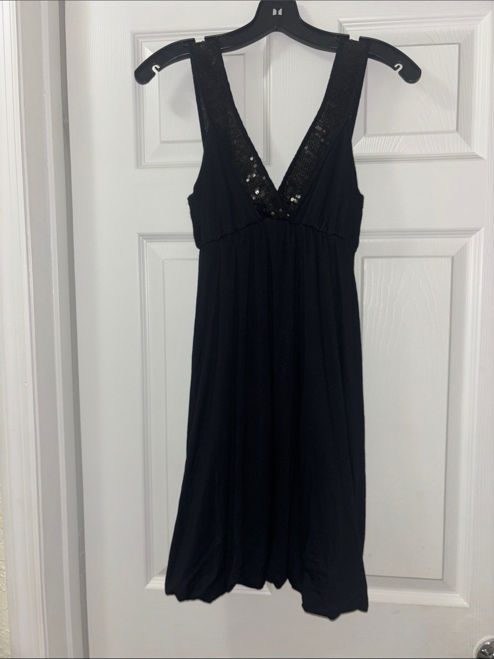 Black V-Neck Sequin Trim Sleeveless Dress